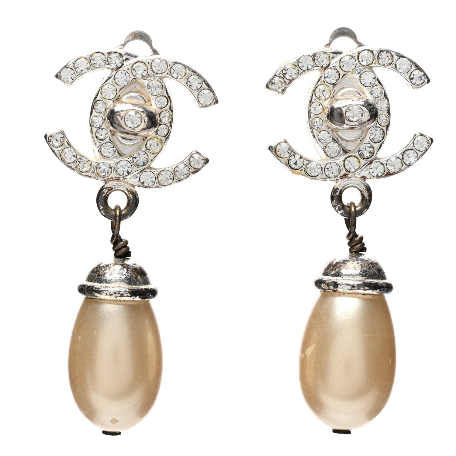 Chanel Crystal Pearl CC Turnlock Drop Earrings Silver Beige 1 of 4