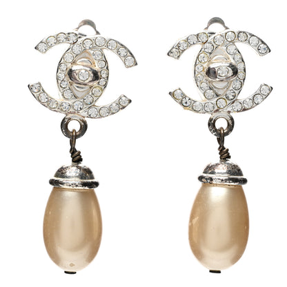 Chanel Crystal Pearl CC Turnlock Drop Earrings Silver Beige 1 of 4