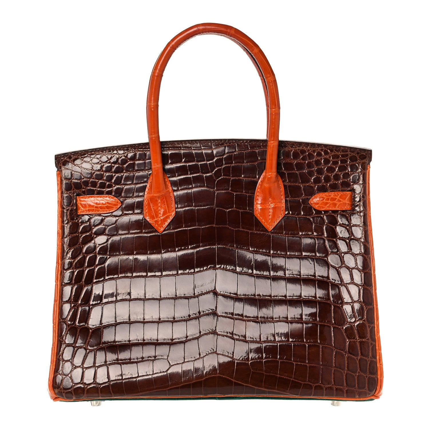 Hermes Shiny Niloticus Crocodile Horseshoe Birkin 30 Vert Emeraude Orange Miel 4 of 35