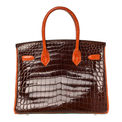 Hermes Shiny Niloticus Crocodile Horseshoe Birkin 30 Vert Emeraude Orange Miel 4 of 35