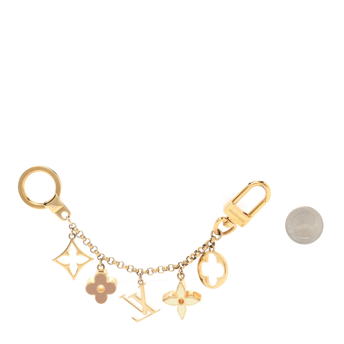 Brass Enamel Fleur De Monogram Bag Charm Chain Gold