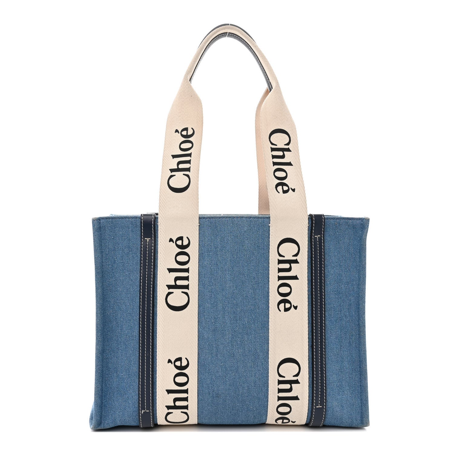 Chloe Denim Shiny Calfskin Medium Woody Ribbon Tote Navy 1 of 15