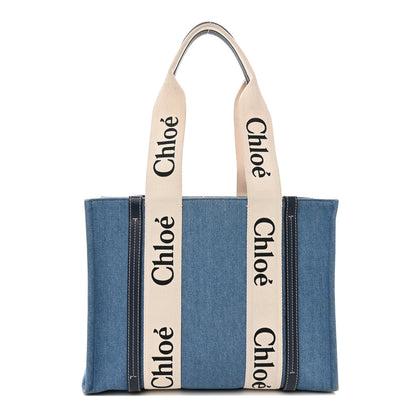 Chloe Denim Shiny Calfskin Medium Woody Ribbon Tote Navy 1 of 15
