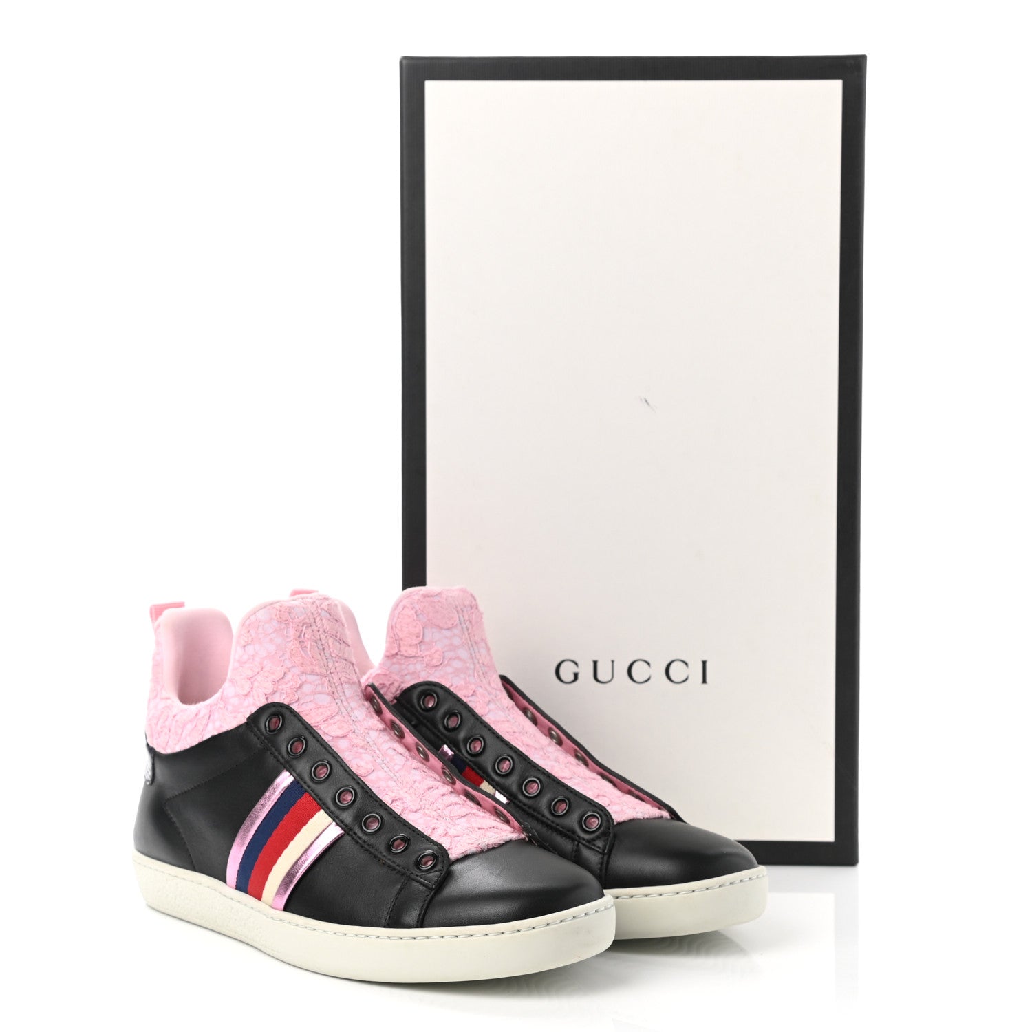 Gucci Calfskin Lace Ayers Sylvie Web Womens New Ace High Top Sneakers 36.5 Black 8 of 8