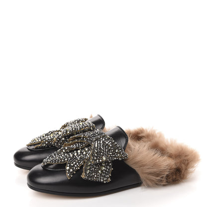 Gucci Malaga Kid Fur Crystal Bow Embroidered Womens Princetown Slippers 37.5 Black 3 of 9