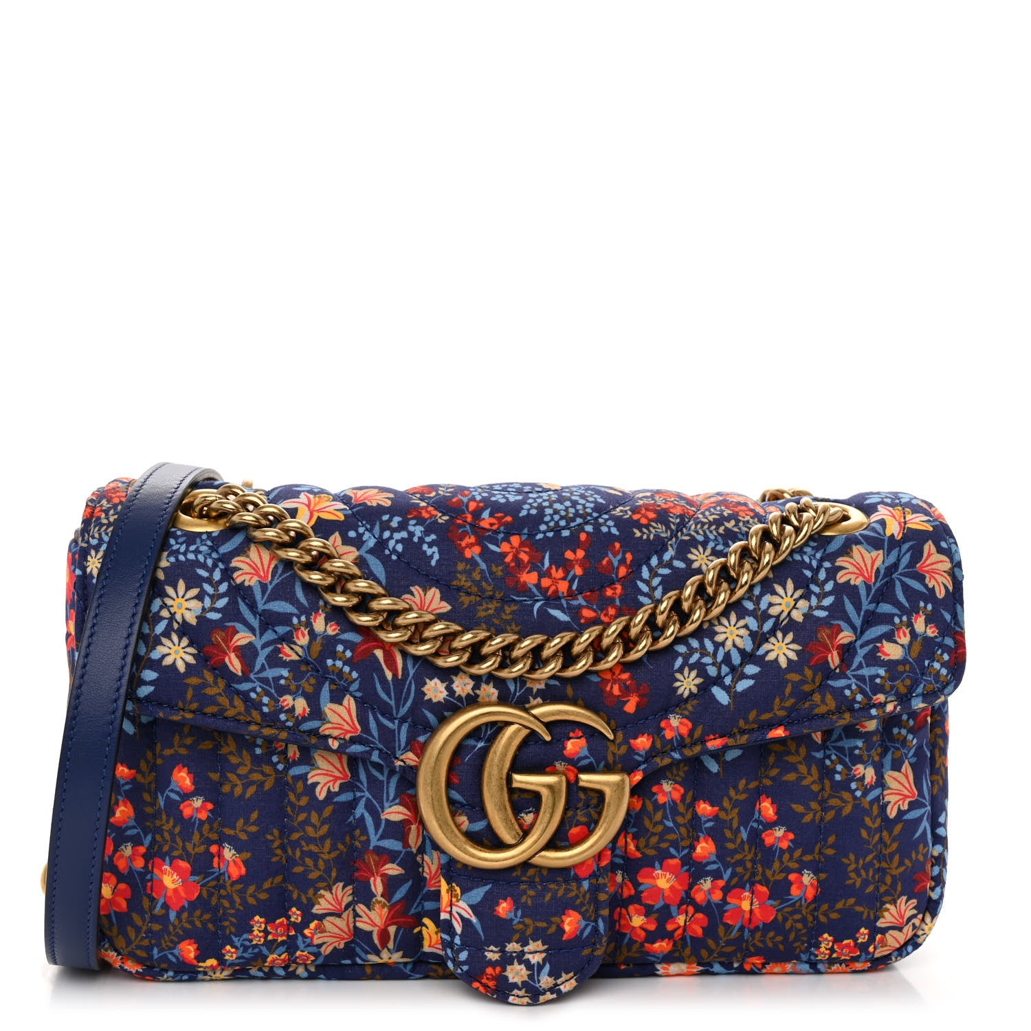 Gucci Cotton Calfskin Matelasse Floral Print Small GG Marmont Shoulder Bag Blue Red Deep Ocean Blue 1 of 10