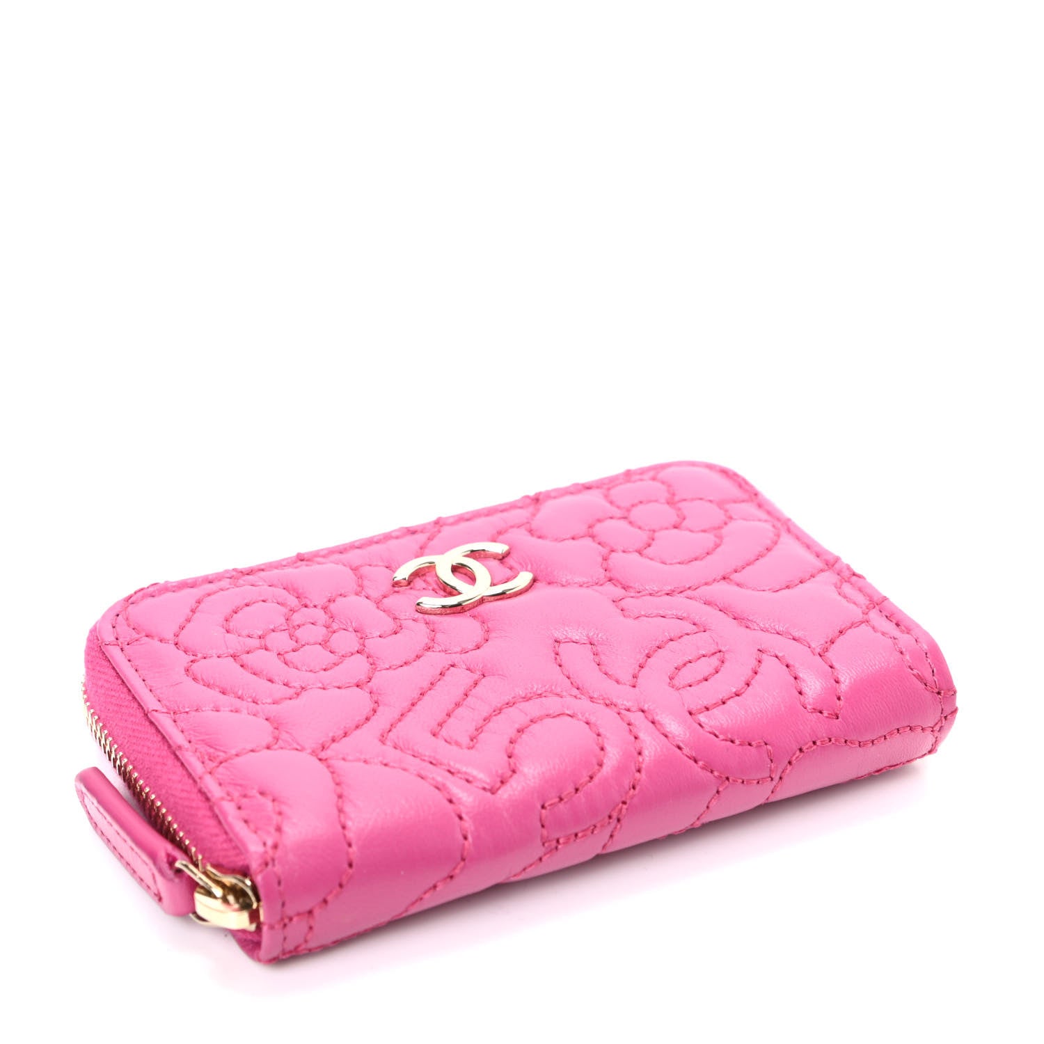 Chanel Lambskin Camellia Embossed Zip Coin Purse Fuchsia 4 of 7