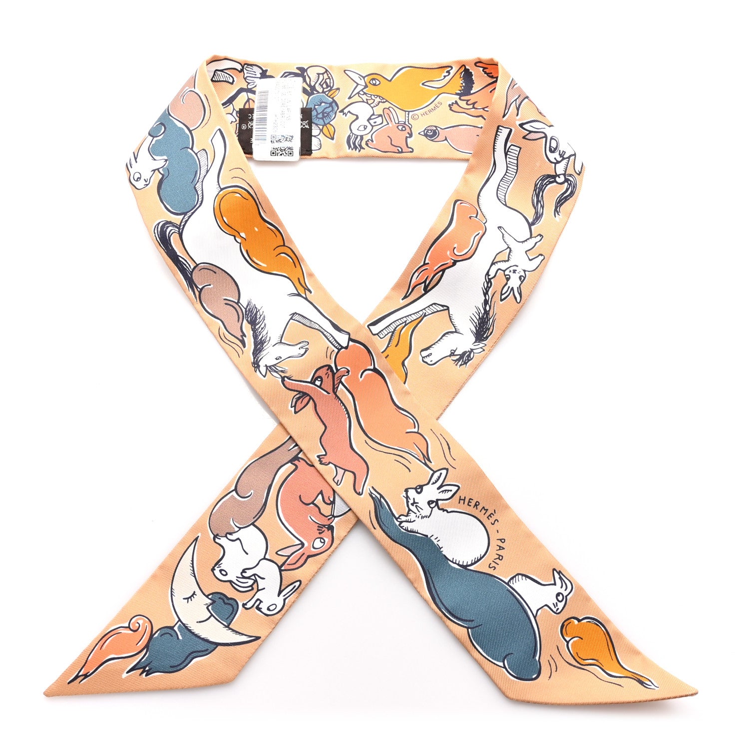 Hermes Silk Mille Et Un Lapins Twilly Beige Dore Abricot White 1 of 3
