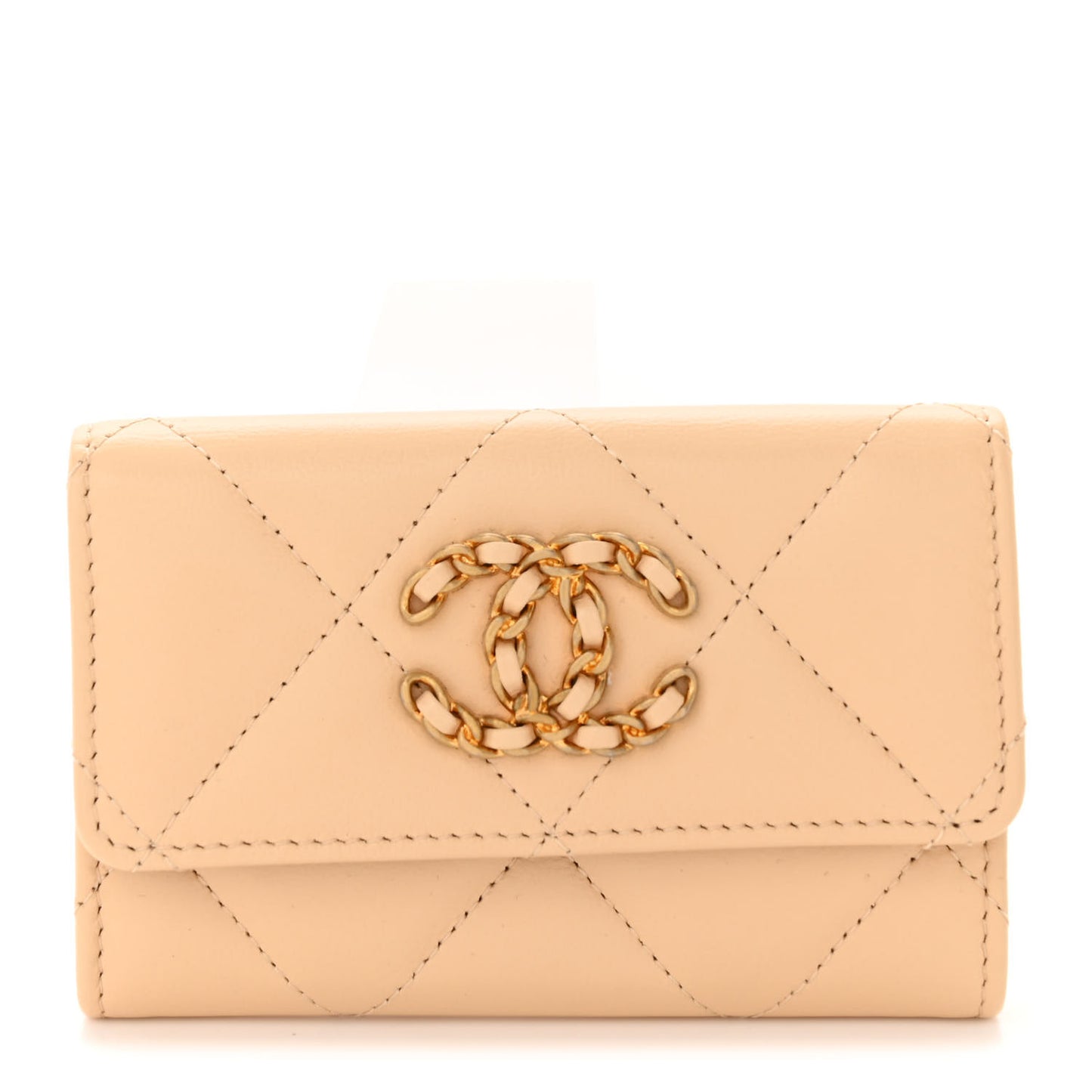 Lambskin Quilted Chanel 19 Flap Card Holder Beige