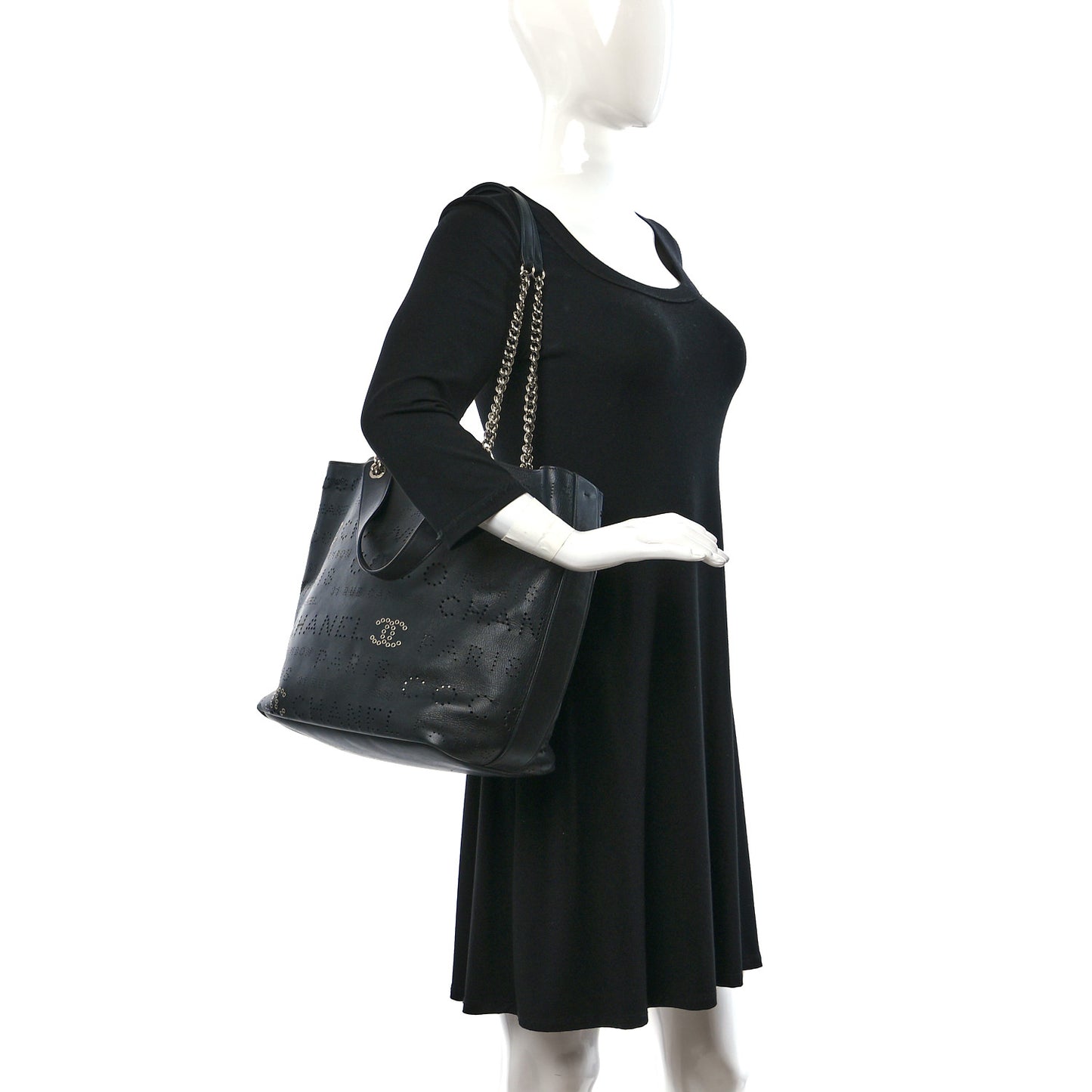 Calfskin Tweed Small Logo Eyelets Shopping Tote Black