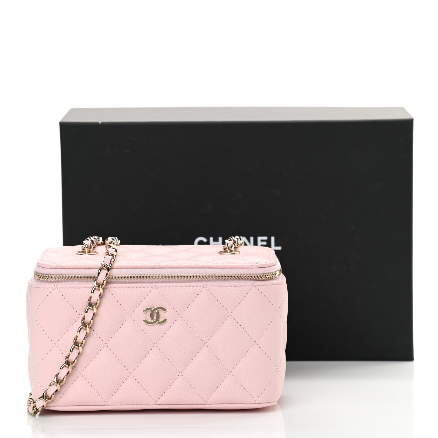 Caviar Quilted Small Vanity Case With Chain Light Pink