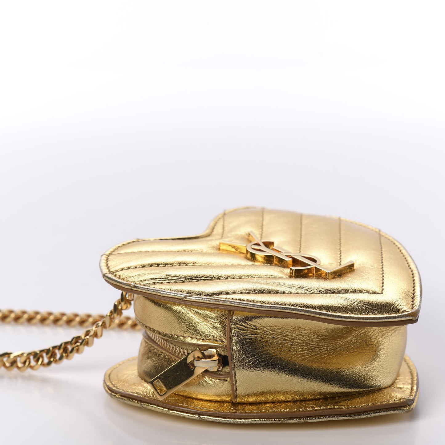 Metallic Calfskin Matelasse Chevron Monogram Small Love Heart Chain Bag Gold