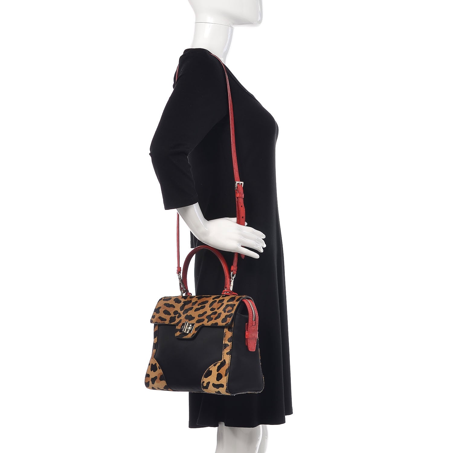 Prada Tessuto Cavallino Ostrich Leopard Print Tote Black Miele Rosso 2 of 11