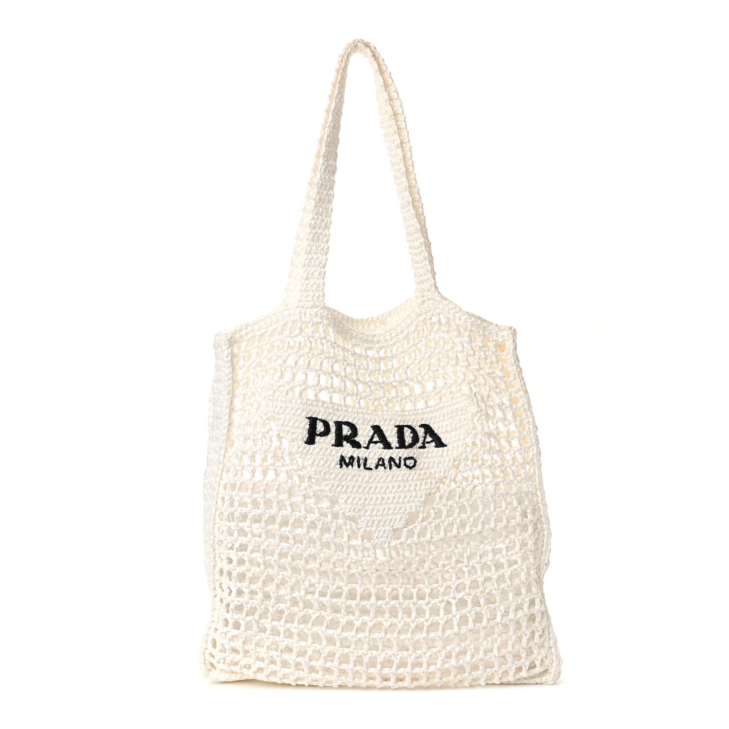 Prada Yarn Raffia Effect Crochet Logo Embroidered Tote Bag White 1 of 9