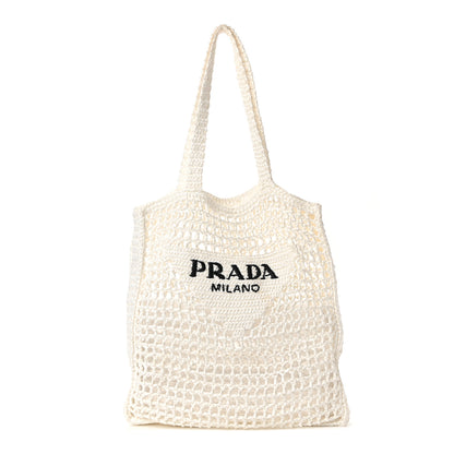 Prada Yarn Raffia Effect Crochet Logo Embroidered Tote Bag White 1 of 9