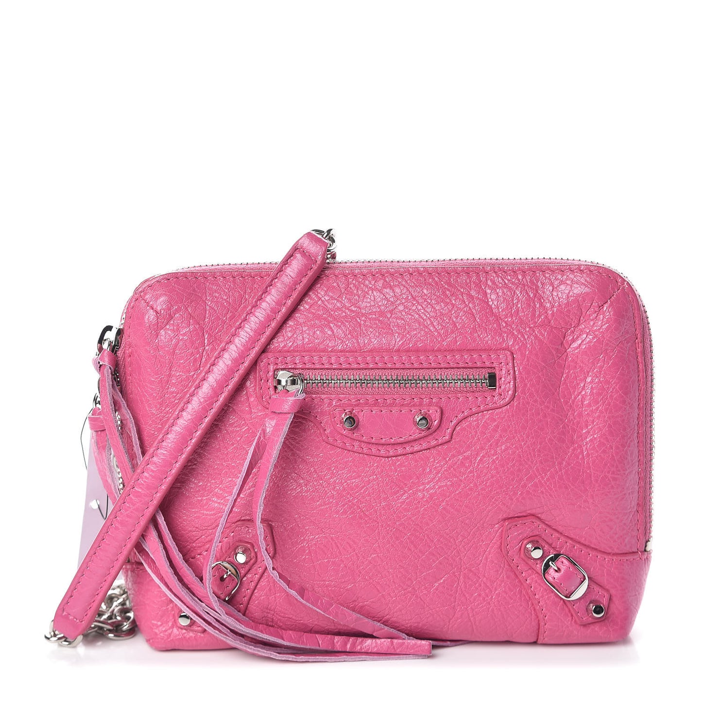 Agneau Arena Classic Silver Hardware Pouch With A Chain Crossbody Rose Flamingo