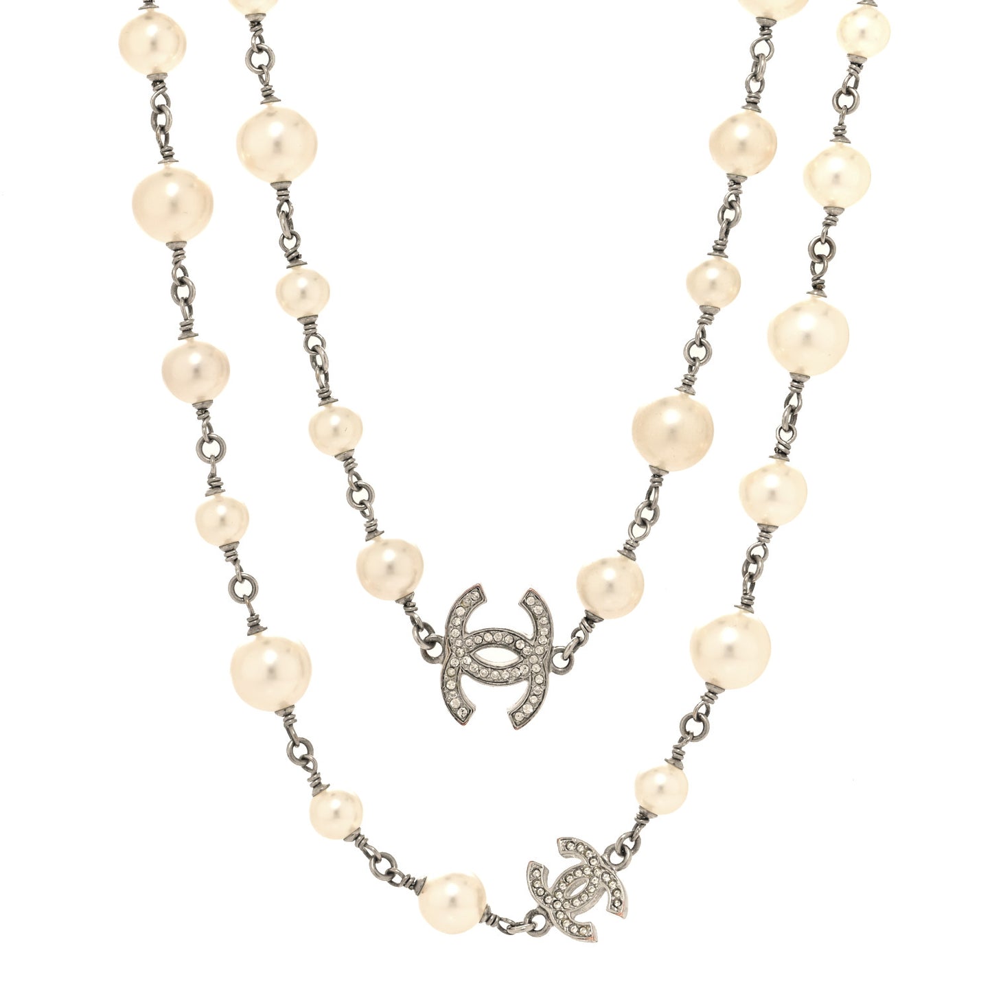 Crystal Pearl CC Long Necklace Silver