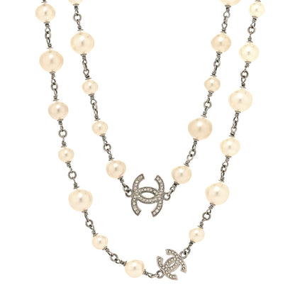 Chanel Crystal Pearl CC Long Necklace Silver 1 of 6