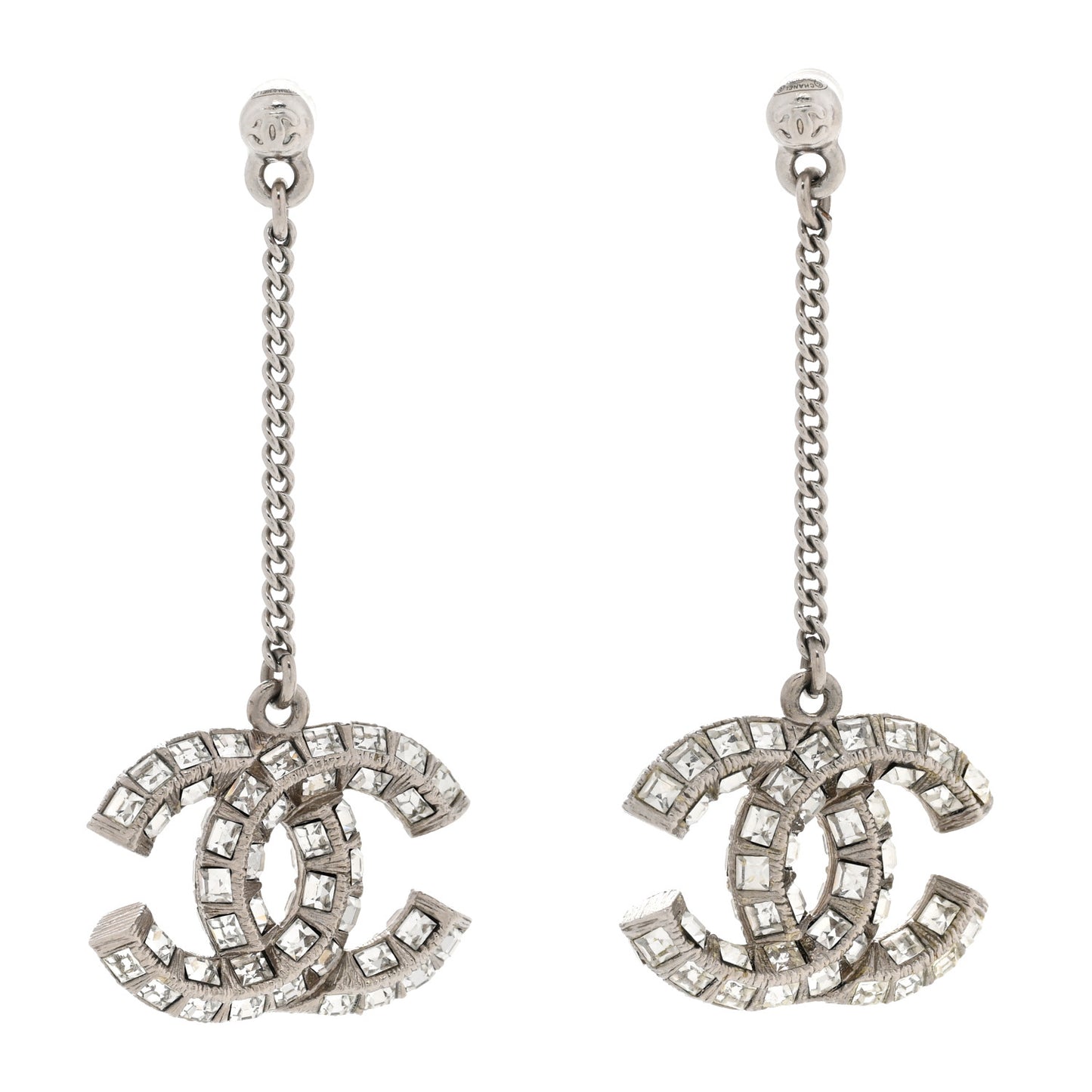 Baguette Crystal CC Drop Earrings Silver