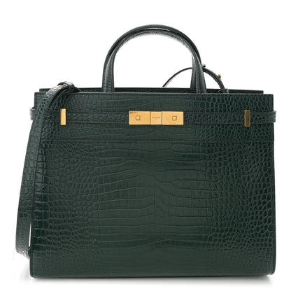 Saint Laurent Shiny Calfskin Crocodile Embossed Small Manhattan Shopper Tote Green 1 of 9