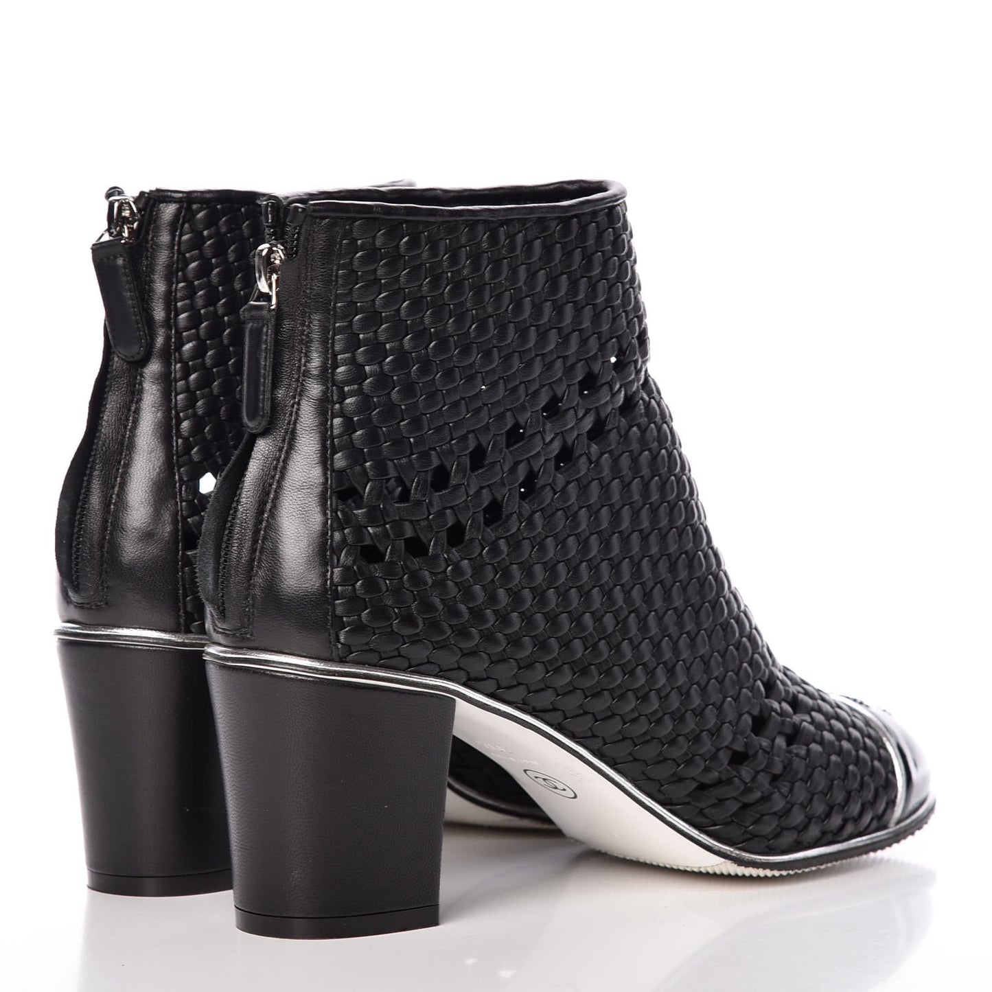 Woven Lambskin Patent Cap Toe Short Boots 39.5 Black