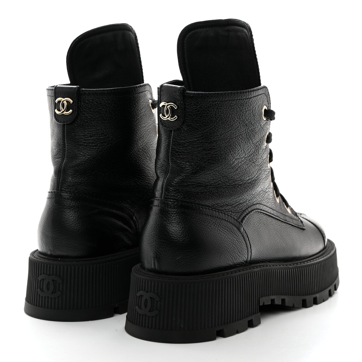 Grained Calfskin Shiny Calfskin CC Lace Up Combat Boots 39.5 Black