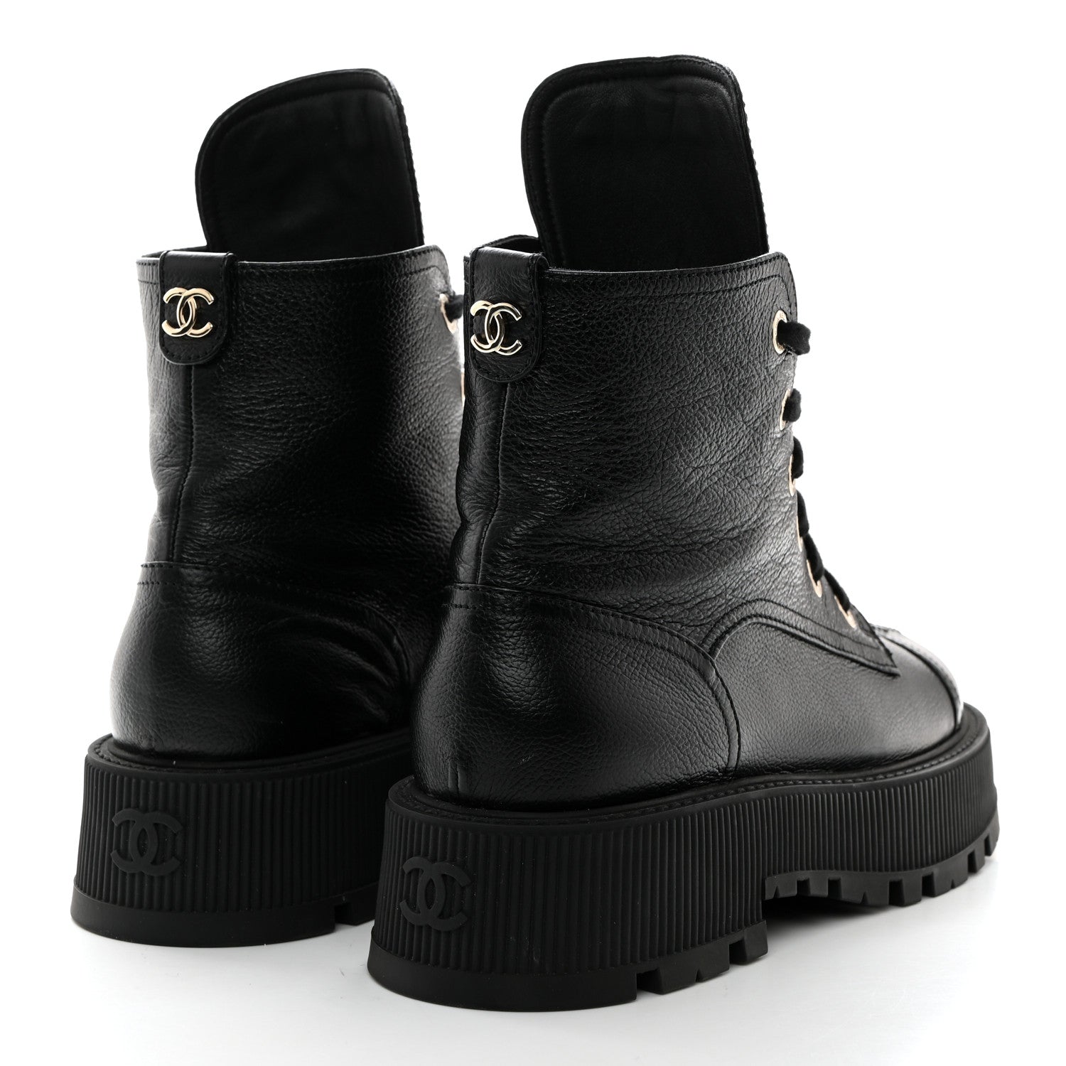 Chanel Grained Calfskin Shiny Calfskin CC Lace Up Combat Boots 39.5 Black 4 of 8