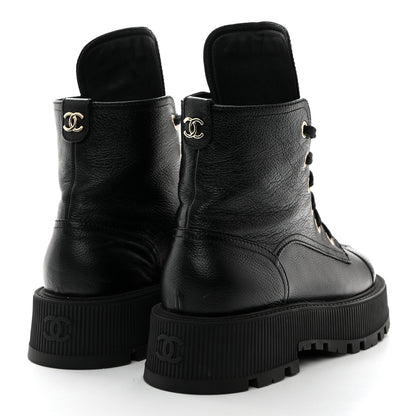 Chanel Grained Calfskin Shiny Calfskin CC Lace Up Combat Boots 39.5 Black 4 of 8