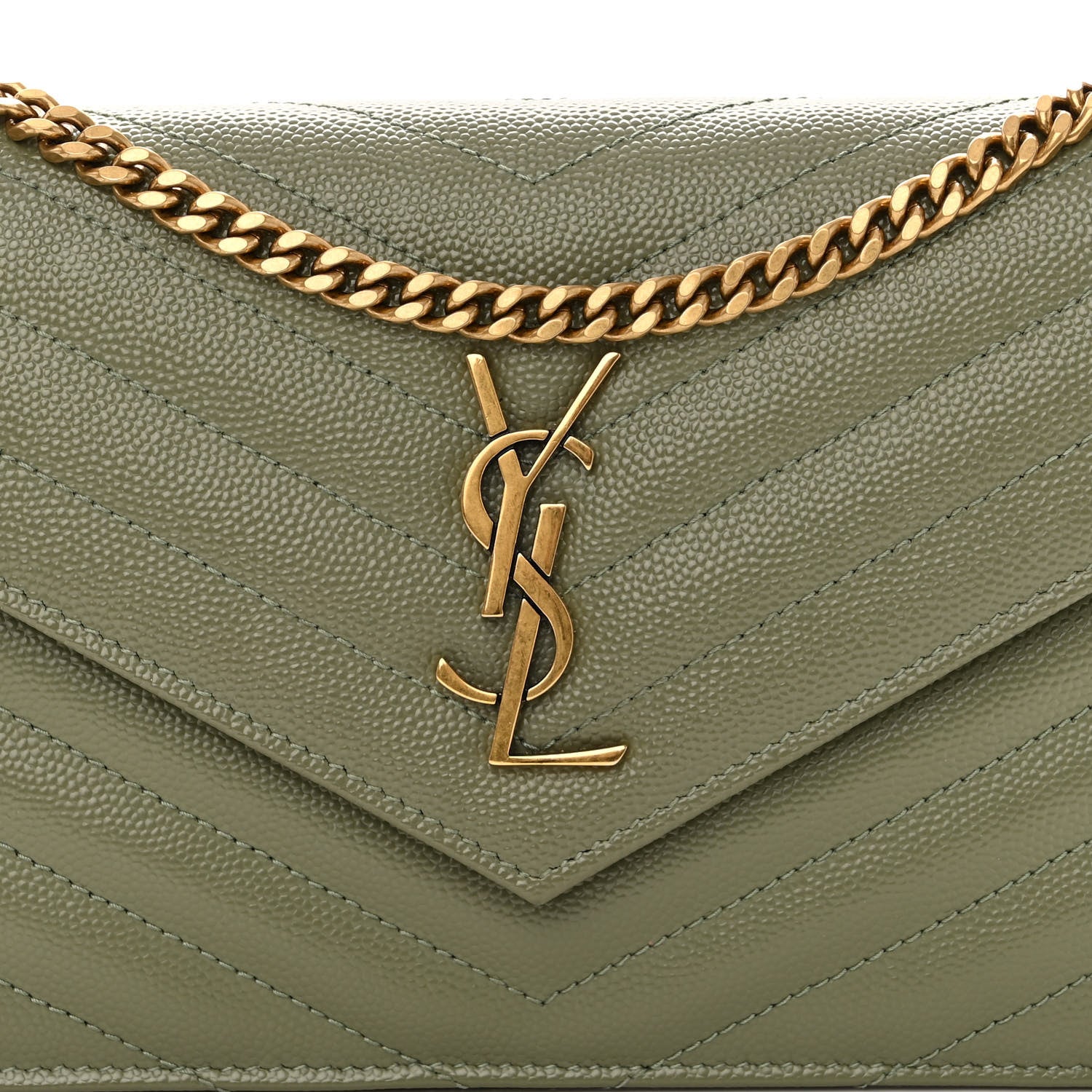 Saint Laurent Grain De Poudre Matelasse Chevron Monogram Envelope Chain Wallet Pistache 7 of 9