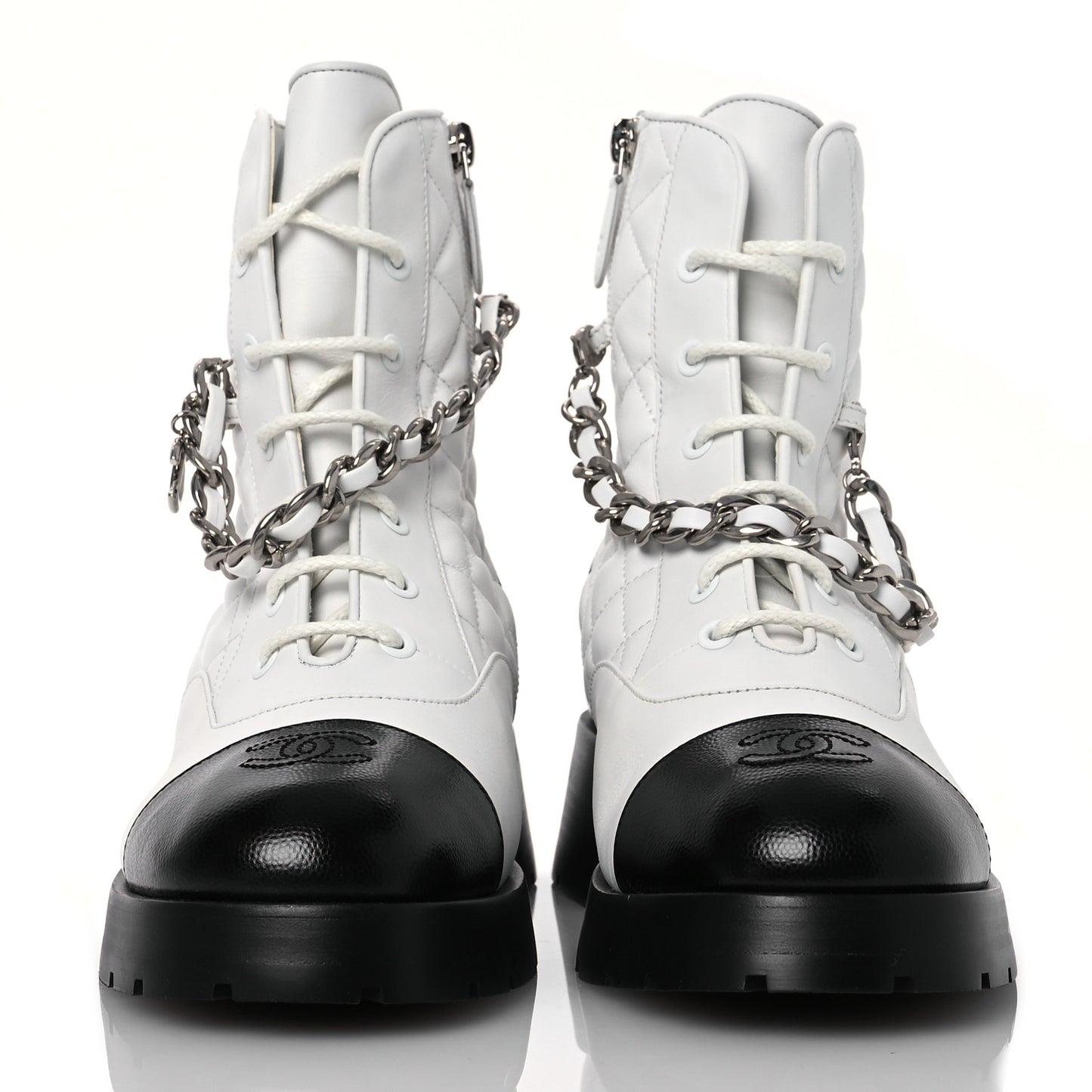 Caviar Calfskin Quilted Chain Lace Up Combat Boots 41 White Black