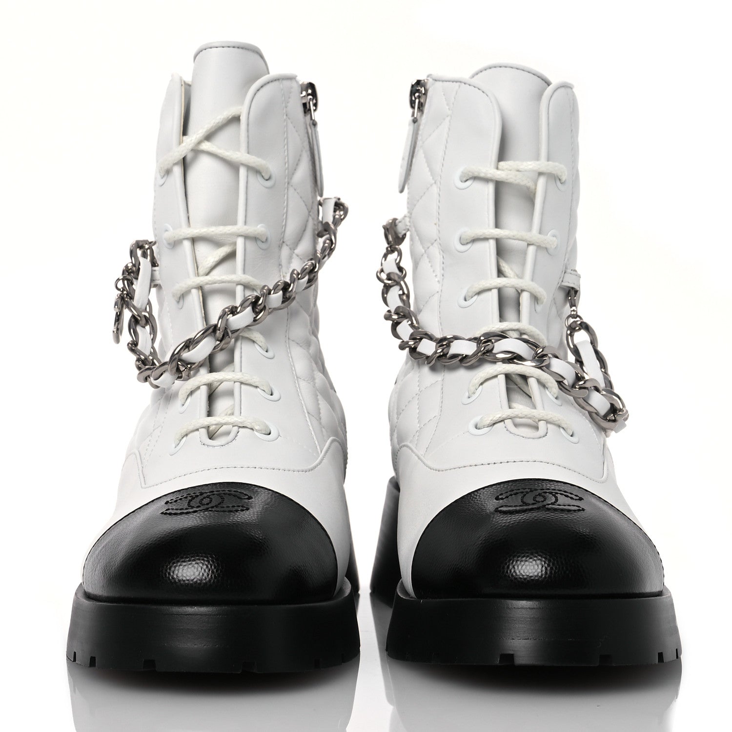 Chanel Caviar Calfskin Quilted Chain Lace Up Combat Boots 41 White Black 2 of 12