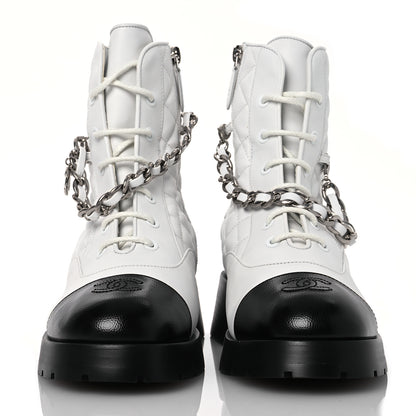 Chanel Caviar Calfskin Quilted Chain Lace Up Combat Boots 41 White Black 2 of 12