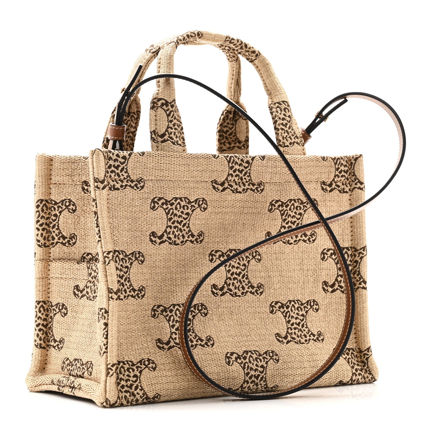 Celine Raffia Effect Calfskin Triomphe Jacquard Small Cabas Natural Tan 3 of 9