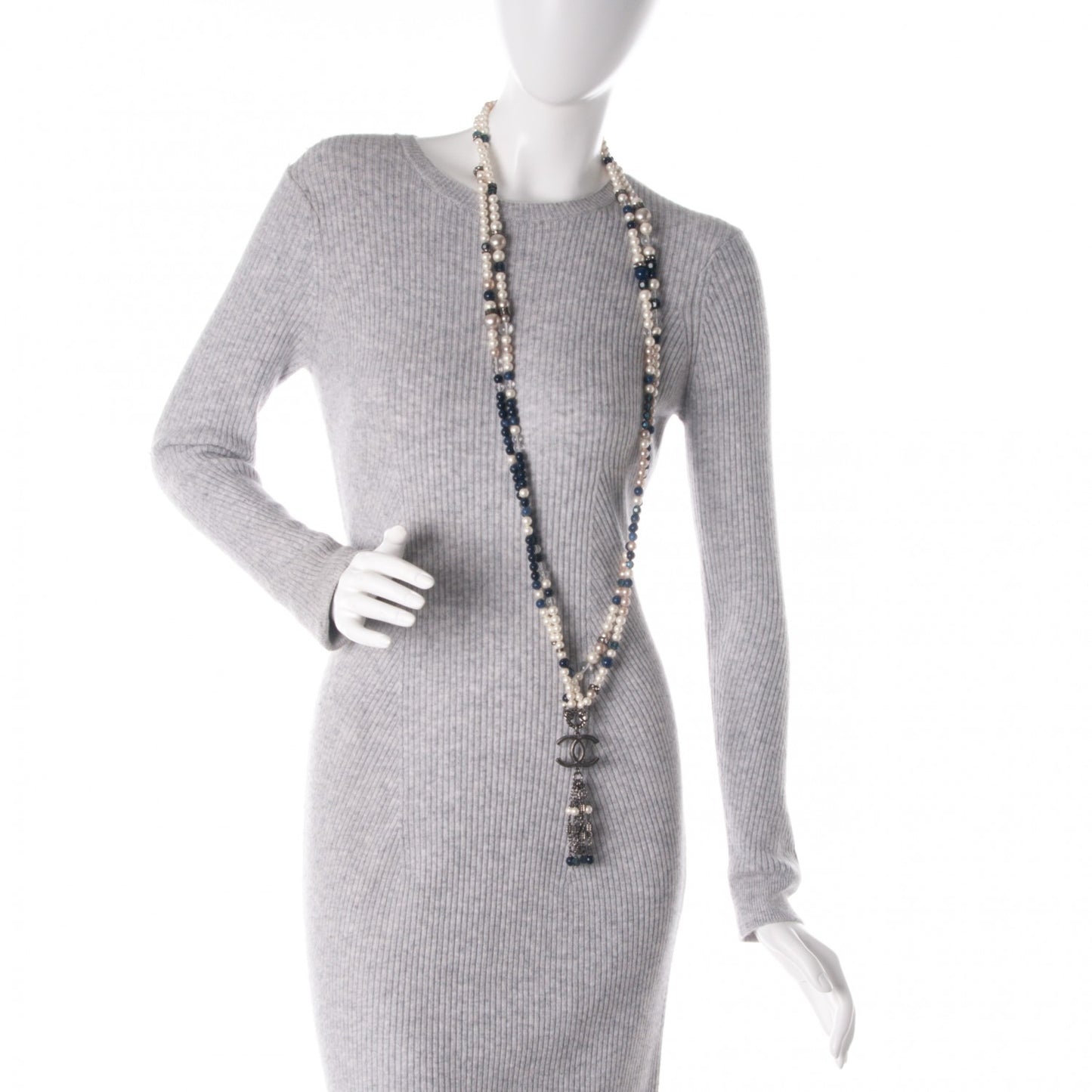 Pearl Beaded Crystal CC Long Double Strand Necklace Ivory Blue