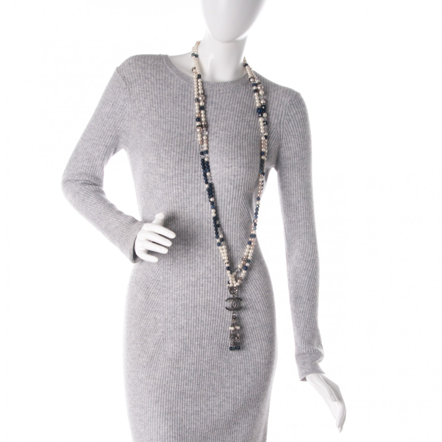 Chanel Pearl Beaded Crystal CC Long Double Strand Necklace Ivory Blue 2 of 5