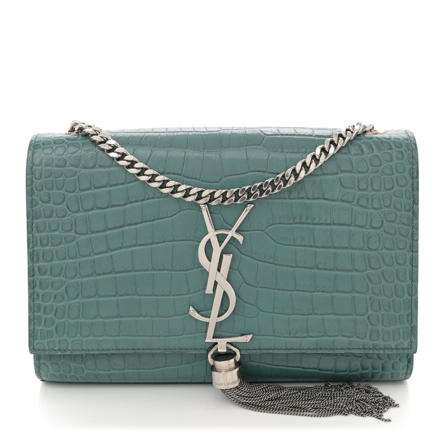 Calfskin Crocodile Embossed Small Classic Monogram Kate Tassel Satchel Water Green