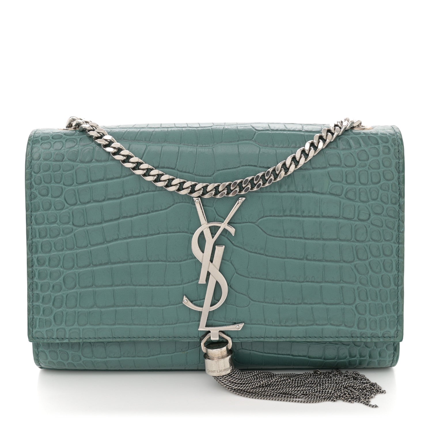 Saint Laurent Calfskin Crocodile Embossed Small Classic Monogram Kate Tassel Satchel Water Green 1 of 12