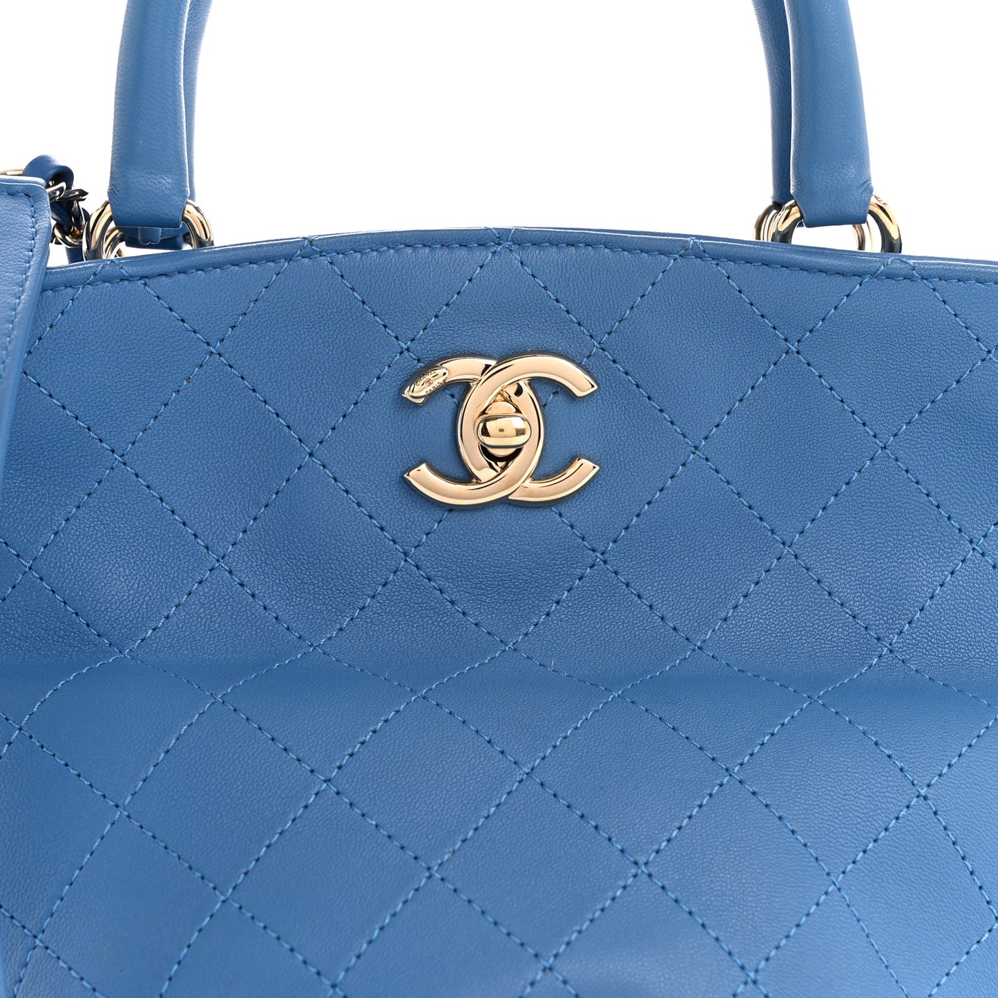 Calfskin Stitched Chain Top Handle Bucket Bag Blue