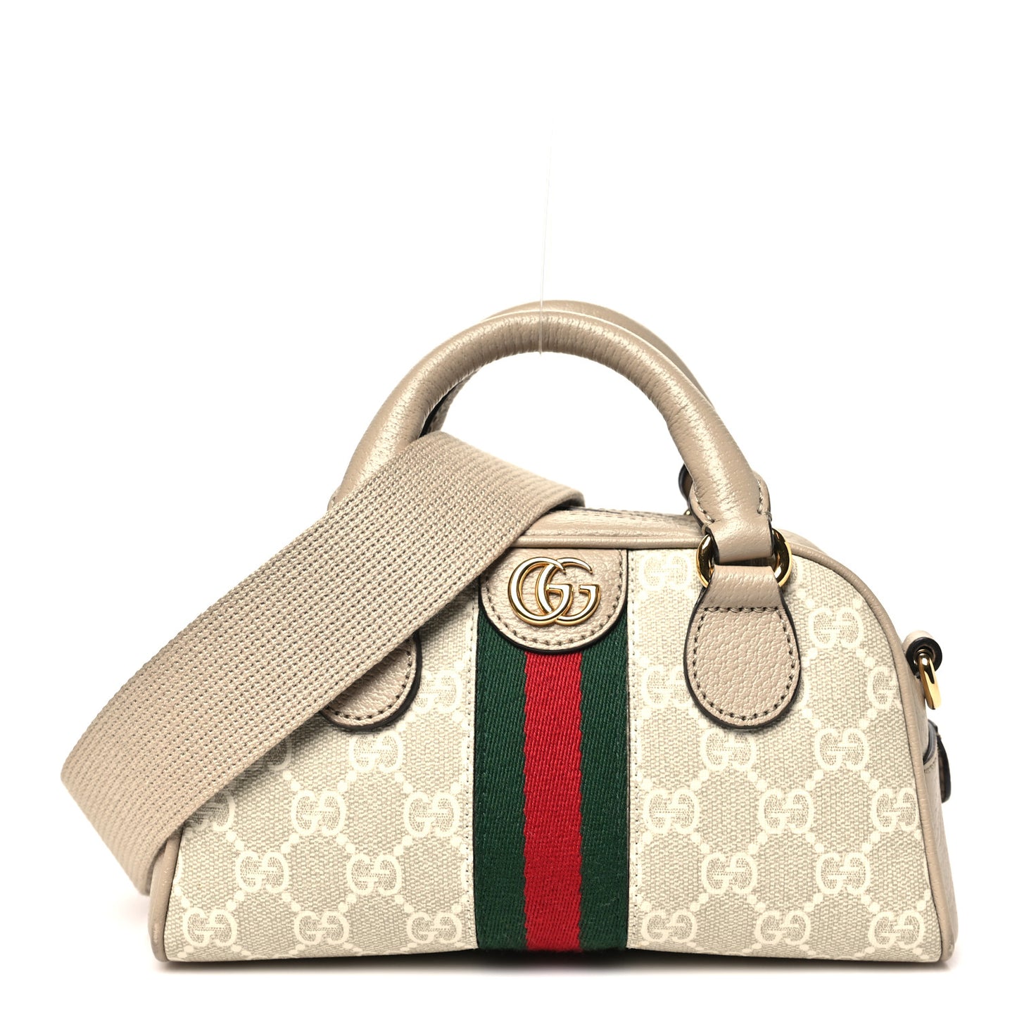 GG Supreme Monogram Textured Dollar Calfskin Web Mini Ophidia Top Handle Bowler Bag Beige Mystic White Oatmeal