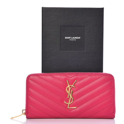 Saint Laurent Grain De Poudre Matelasse Chevron Monogram Zip Around Wallet Fuchsia 8 of 8