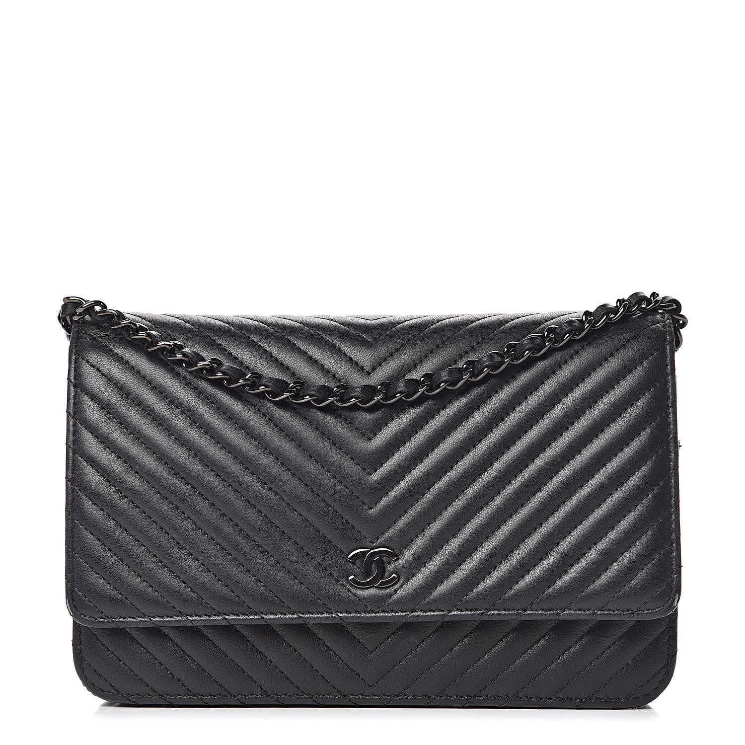 Chanel Lambskin Chevron Quilted Wallet On Chain WOC So Black 1 of 11