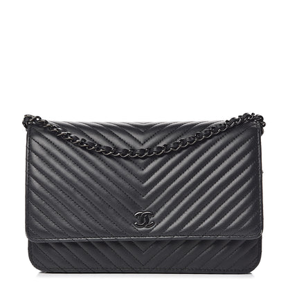 Chanel Lambskin Chevron Quilted Wallet On Chain WOC So Black 1 of 11