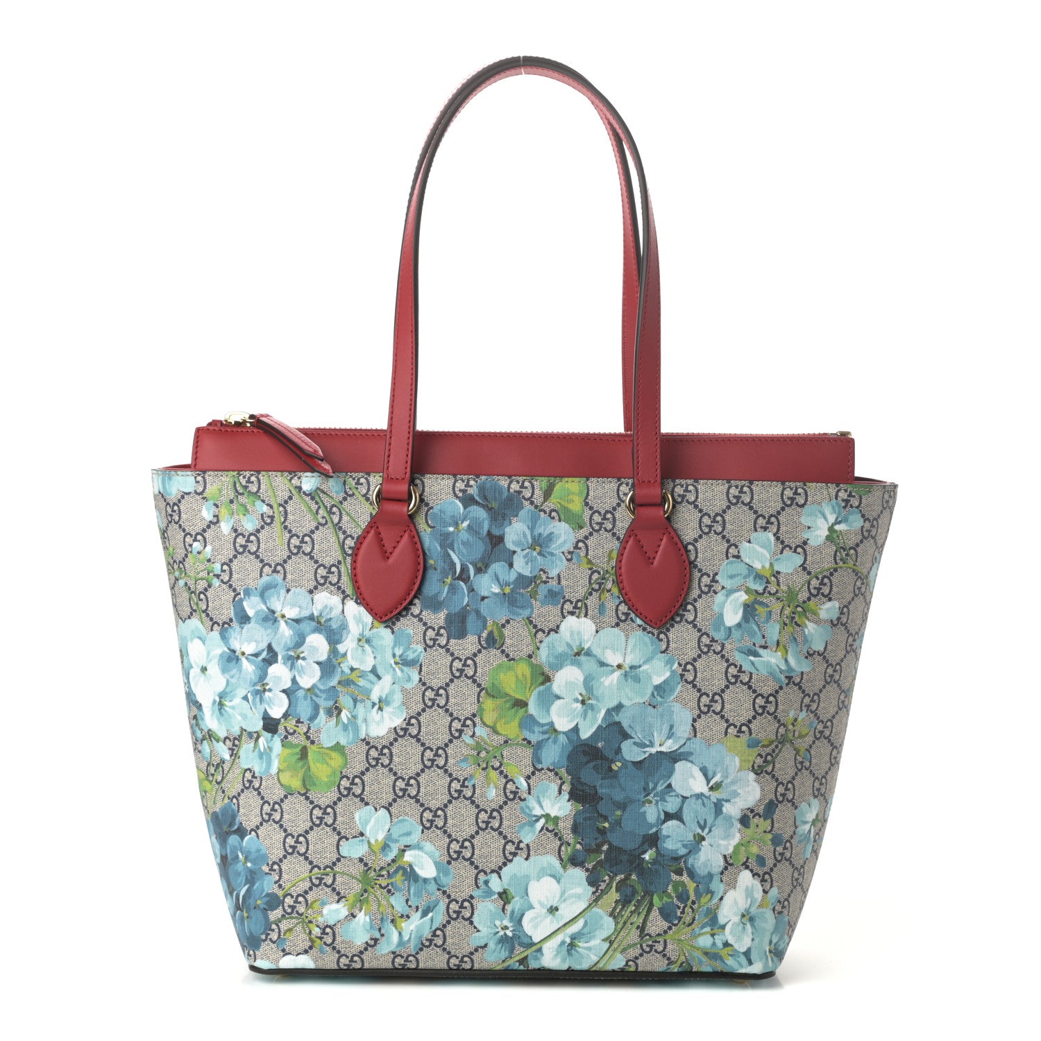 Gucci GG Supreme Monogram Blooms Medium Zippered Bucket Tote Beige Blue Navy Hibiscus Red 1 of 9