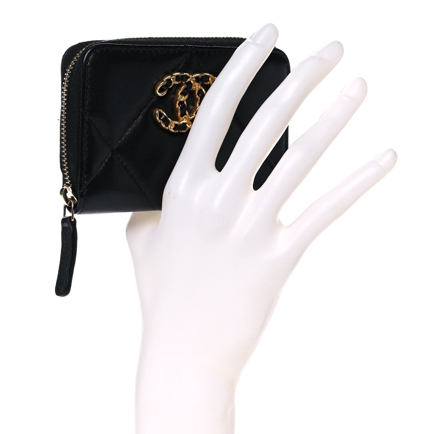 Lambskin Quilted Chanel 19 Zip Around Coin Purse Wallet Black