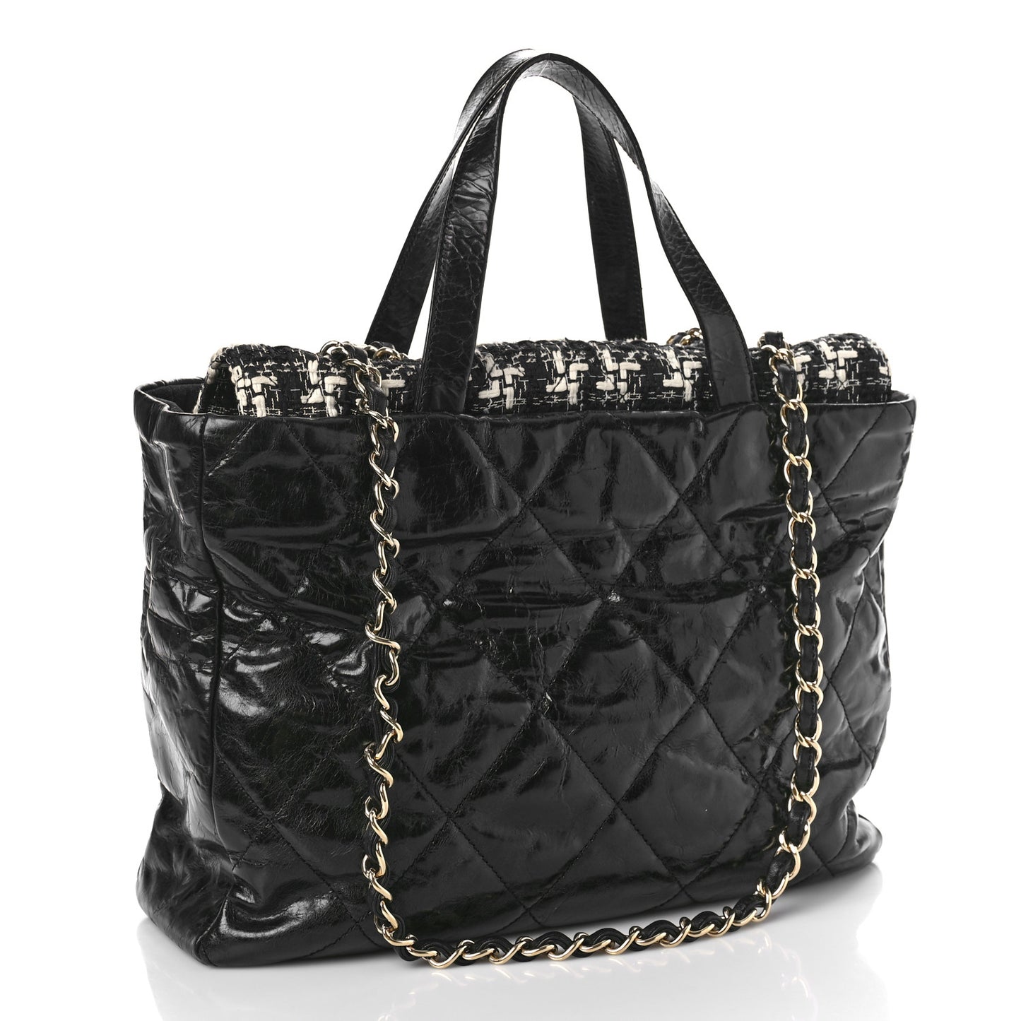 Glazed Calfskin Quilted Tweed Portobello Tote Black White