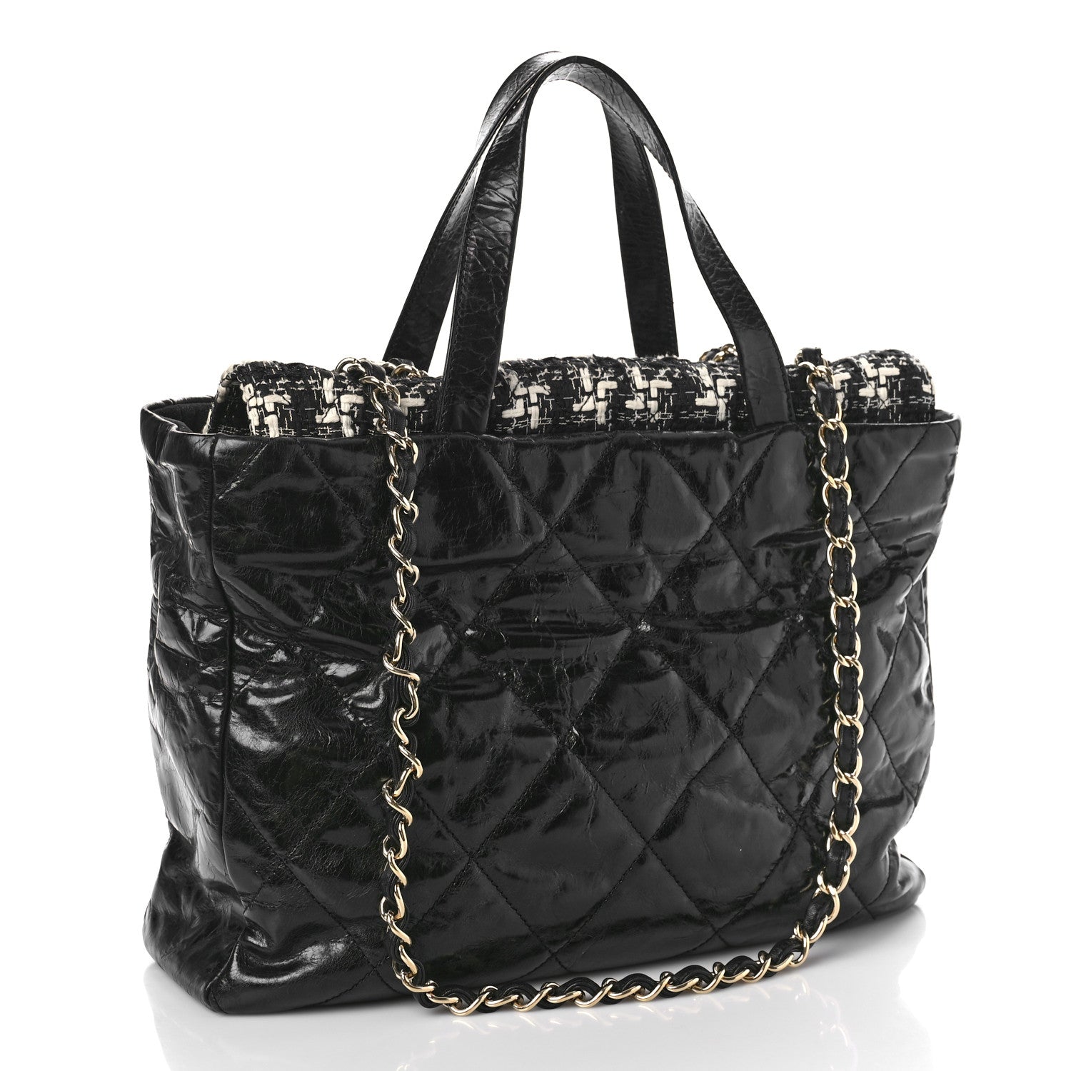 Chanel Glazed Calfskin Quilted Tweed Portobello Tote Black White 3 of 9