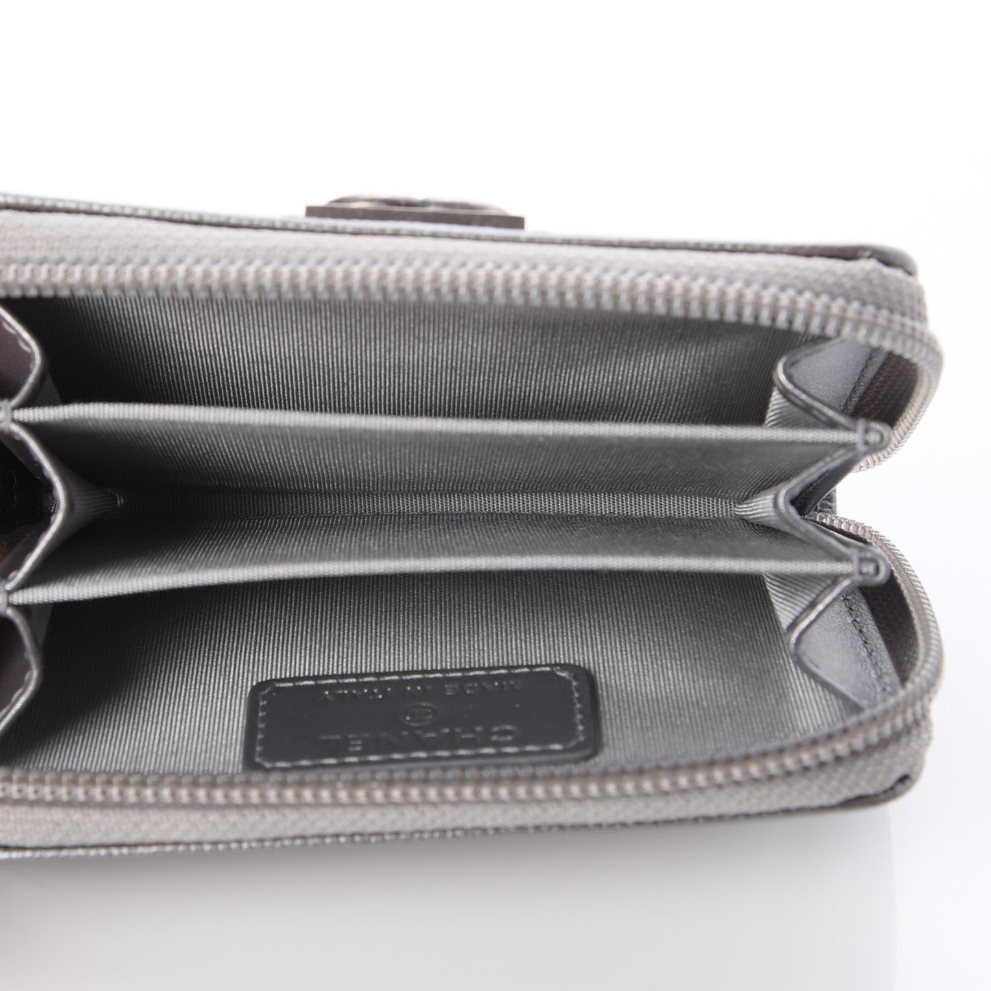 Metallic Caviar Quilted Boy Zip Around Coin Purse Wallet Silver