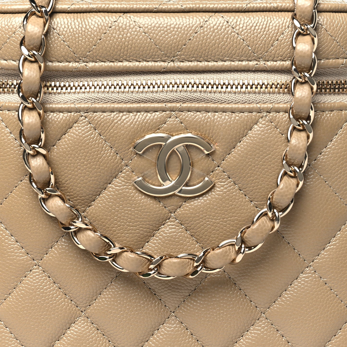 Caviar Quilted Small Top Handle Vanity Case With Chain Dark Beige