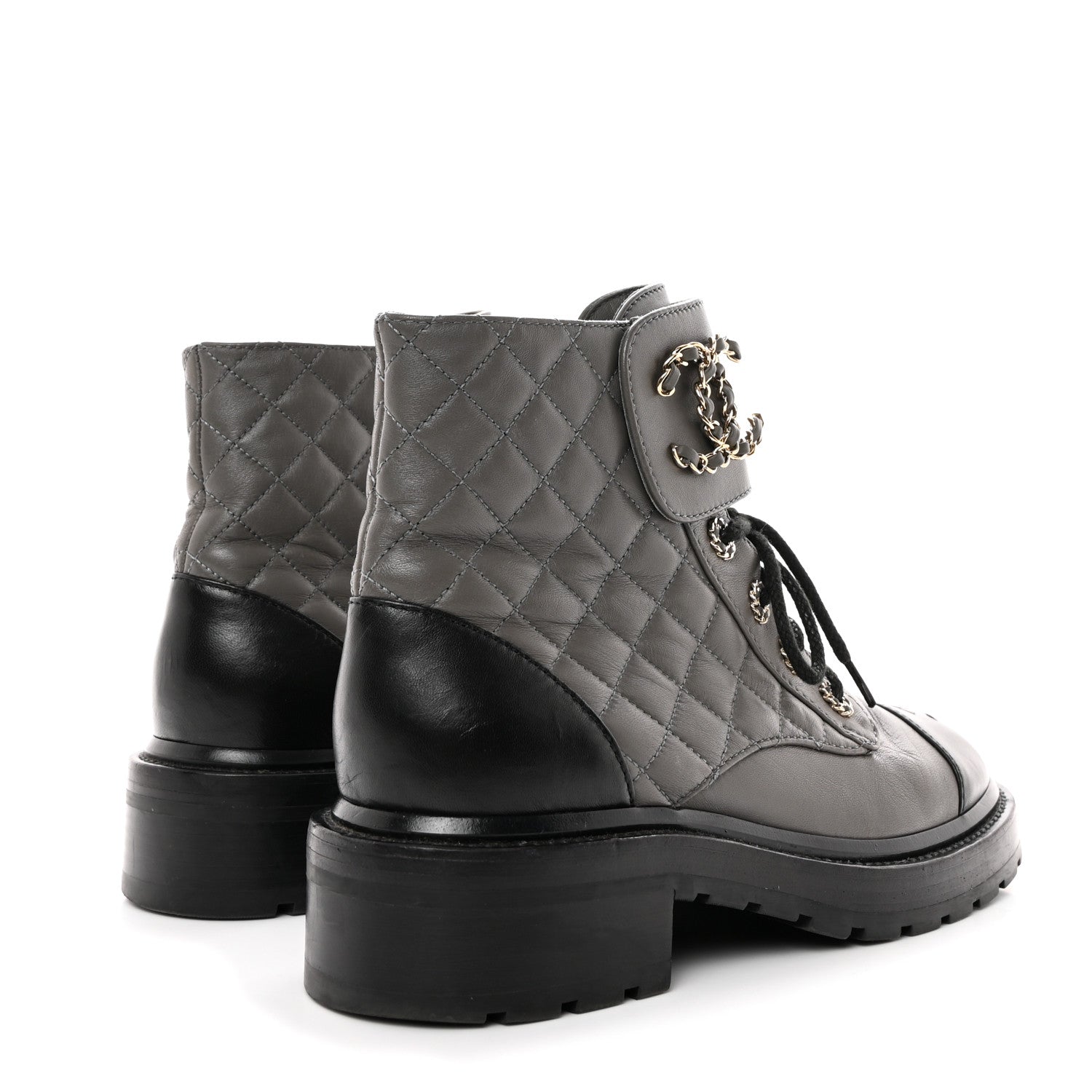 Chanel Shiny Lambskin Quilted Lace Up Combat Boots 38 Grey Black 4 of 8