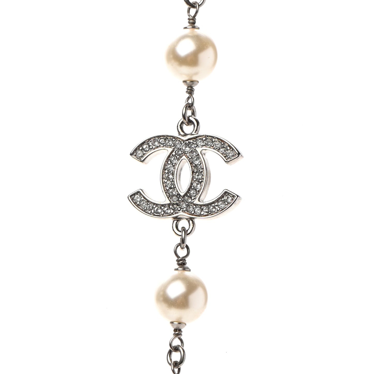Graduated Pearl Crystal CC Long Necklace Silver
